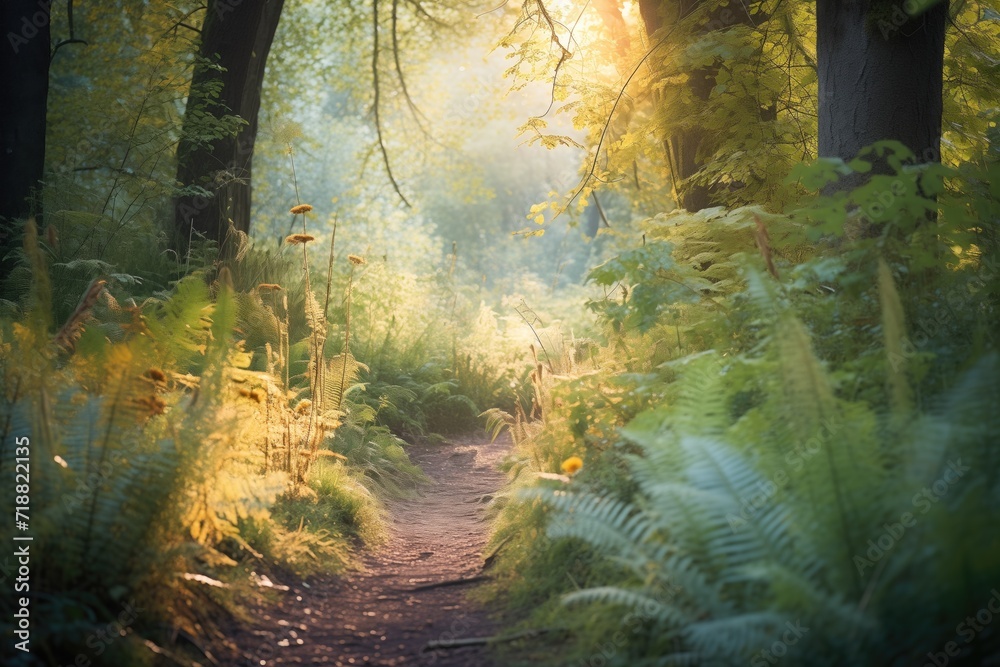 Obraz premium footpath winding through a forest with light filtering through the leaves
