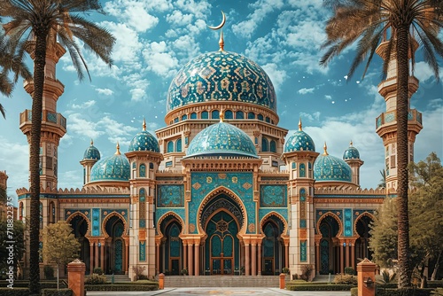 Arabian Nights: A Blue and Gold Palace with a Dome and Minarets Generative AI photo