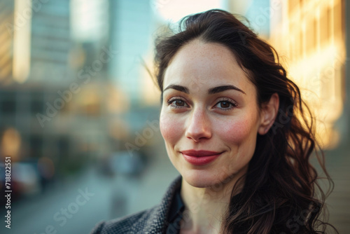 Wallpaper Mural Close-up of a smiling brunette woman with a city backdrop, exuding warmth and confidence in a business casual attire. Torontodigital.ca