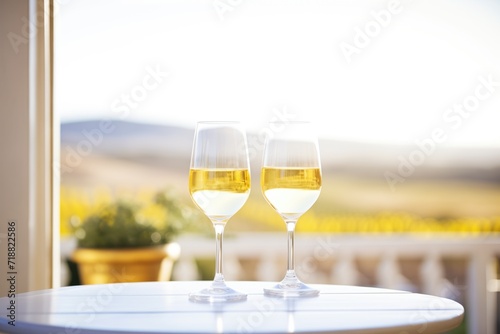 duo of muscat glasses on a balcony overlooking vineyard