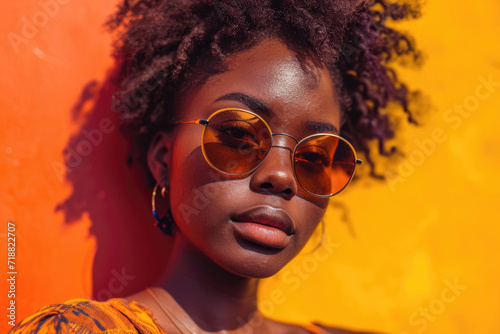 Vivid portrait of a woman with natural hair and tinted sunglasses against an orange backdrop.