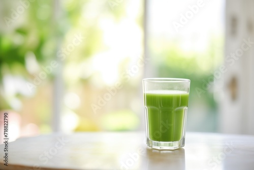 cold glass of green juice with morning dew, sunlight behind