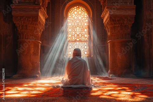 Sunlight Streams Through Arched Windows, Illuminating a Meditative Monk Generative AI