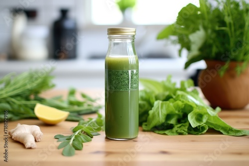green juice in a bottle with a label, surrounded by fresh herbs