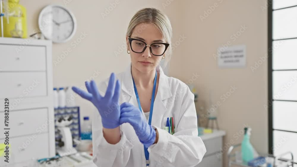 A focused woman scientist in glasses and lab coat examines a pipette in a modern laboratory setting. A focused woman scientist in glasses and lab coat examines a pipette in a modern laboratory setting.