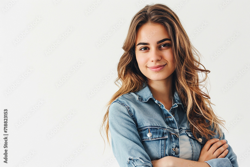 portrait of young woman arm crossed on white isolated background