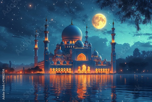 Glowing Moonlit Night at the Grand Mosque Generative AI