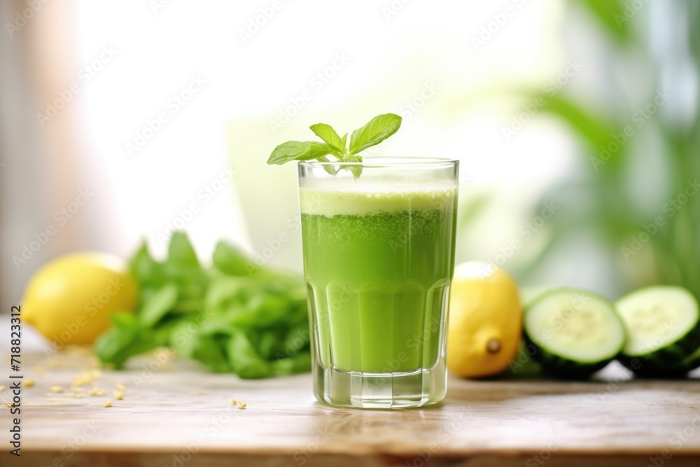 green juice flowing into a clear glass, cucumber slices beside green juice flowing into a clear glass, cucumber slices beside