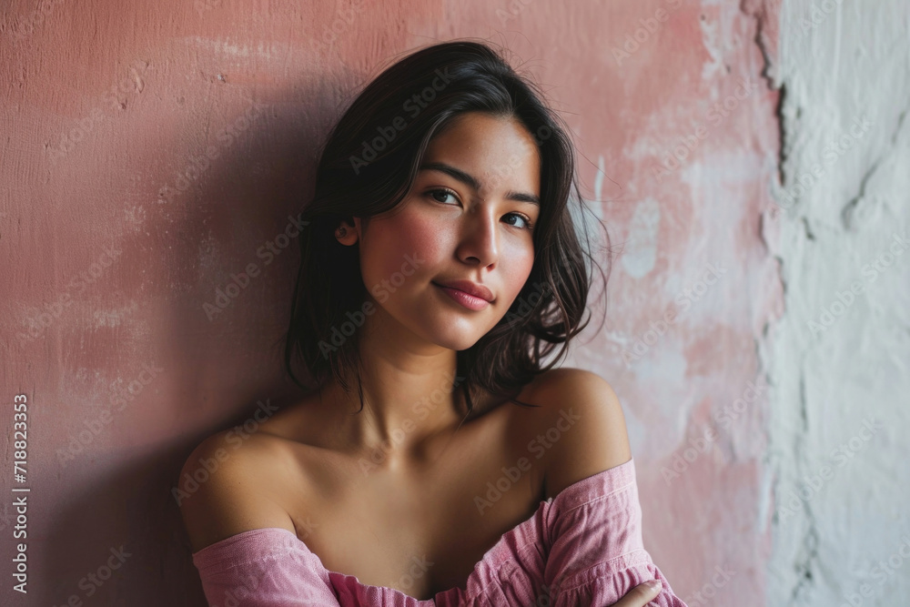 Portrait of a serene young woman with dark hair, wearing an off-shoulder pink blouse, arms folded, against a textured pink and white wall. Portrait of a serene young woman with dark hair, wearing an off-shoulder pink blouse, arms folded, against a textured pink and white wall.