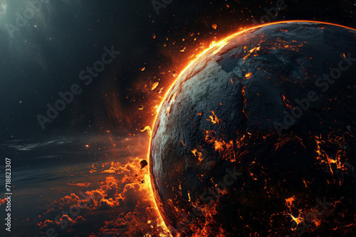 Planet Earth on fire  view from space. Apocalypse.