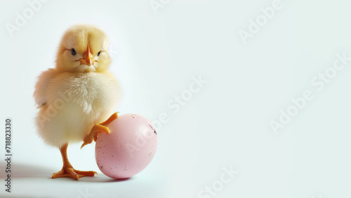 Little yellow chick holding colored Easter egg on white background, copy space