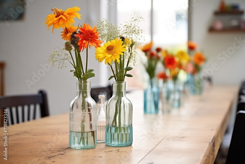 reused glass bottles as flower vases on a dining table photo