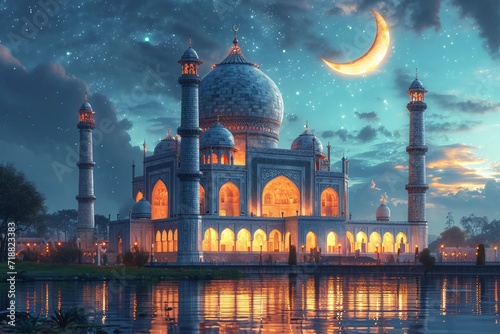 Glowing Moonlit Night at the Blue Mosque Generative AI photo