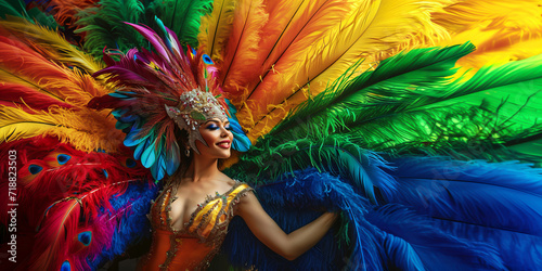 Smiling woman with vibrant samba costume and elaborate headdress celebrating at Brazilian Carnival