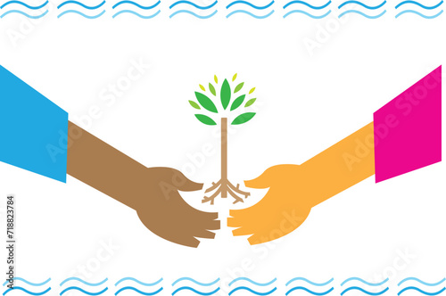 United in Diversity for Environment or Reforestation. Hand in hand planting symbol concept.