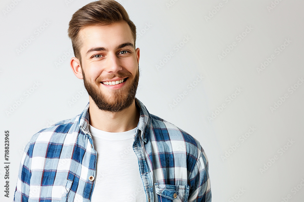 closeup shot of happy young man posing on white isolated background