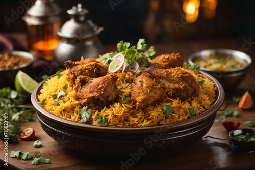 chicken biryani cuisine in a shiny silver bowl, authentic Indian food, serving fancy food in a restauran photo