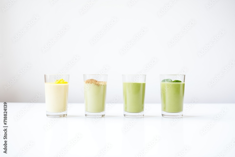row of green smoothies in various glasses, white background row of green smoothies in various glasses, white background