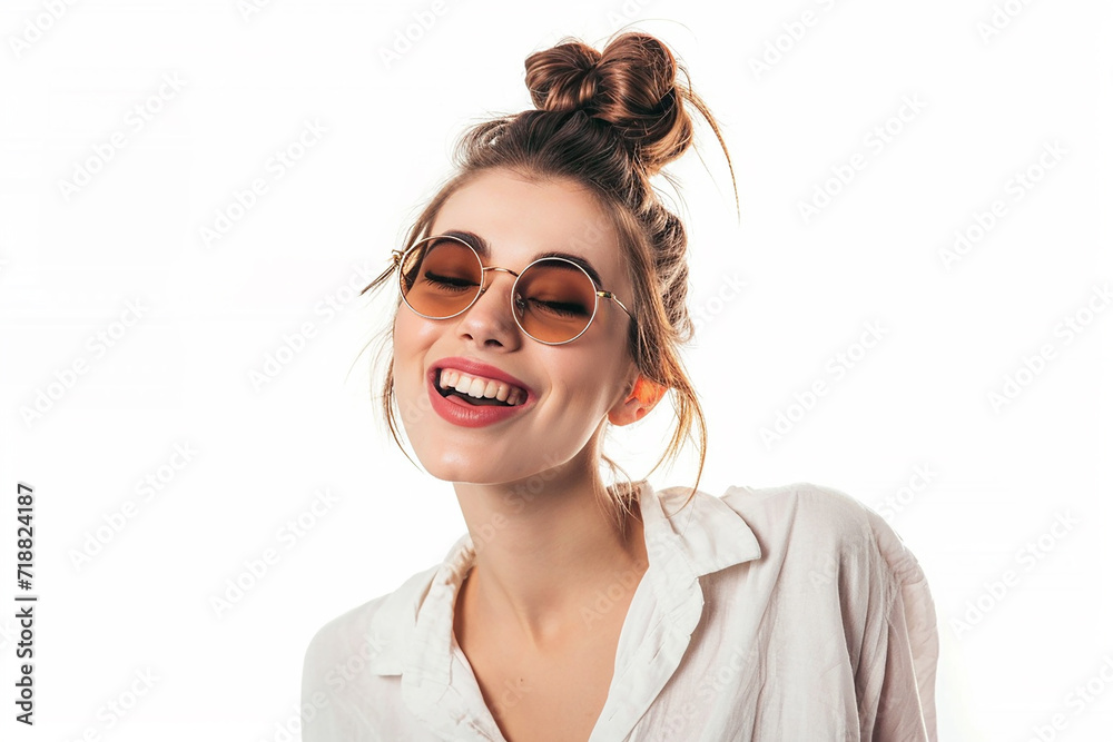 closeup shot of portrait of young woman with glasses posing on white isolated background closeup shot of portrait of young woman with glasses posing on white isolated background