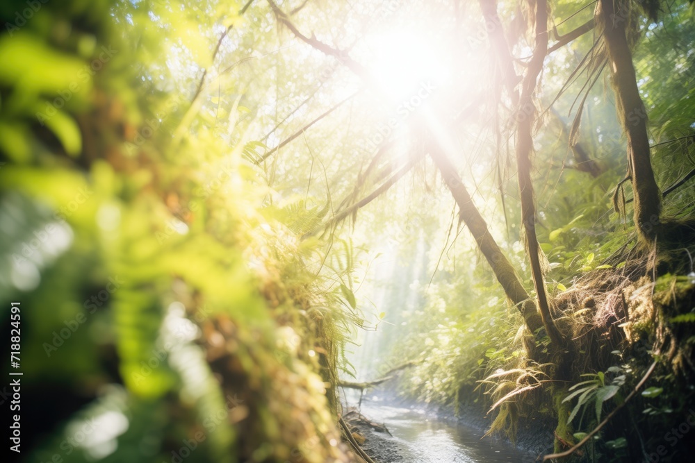 Obraz premium sunlight filtering through the canopy over a trail