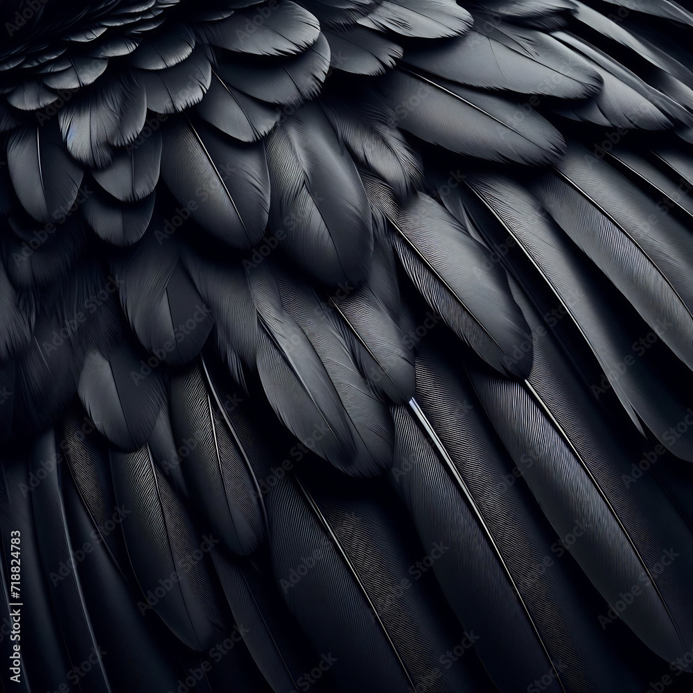 Fototapeta premium Black feathered background texture, raven wing closeup