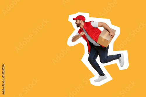 Happy courier with parcel running on orange background, space for text © New Africa