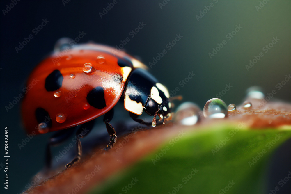 Fototapeta premium closeup of red ladybug with black dots, macro shot