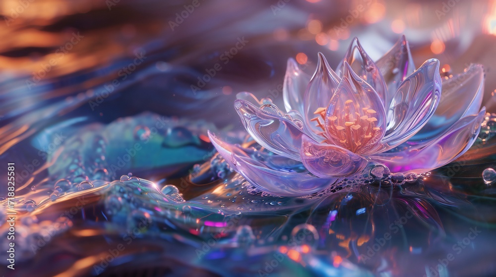 Obraz premium Transparent lotus on a leaf in a mysterious river, close-up