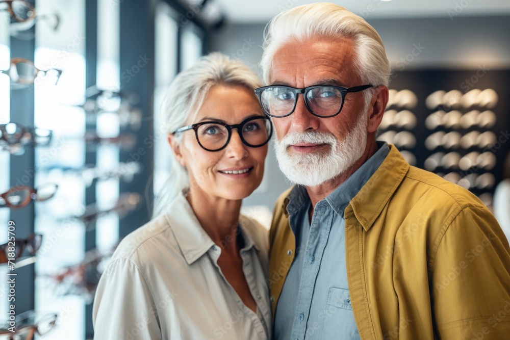 Elderly couple together choosing new glasses at an optician's shop. Elderly couple together choosing new glasses at an optician's shop.
