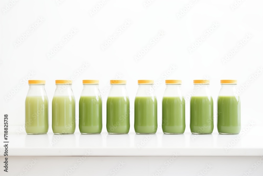 row of green juice bottles against white background row of green juice bottles against white background