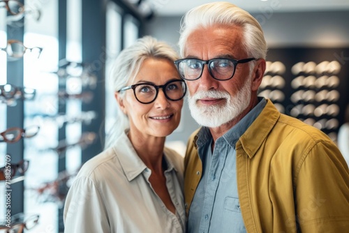 Elderly couple together choosing new glasses at an optician's shop.