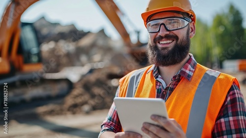 Happy construction worker using digital tablet on site with heavy machinery in background.