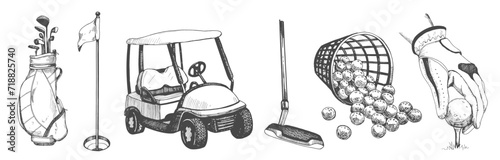 Bag with golf clubs, golf cart, bucket with balls in sketch style. Hand on the golf ball. Black and white hand-drawn illustration. photo