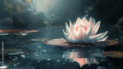 Transparent lotus on a leaf in a dark river, close-up, showcasing ethereal beauty.