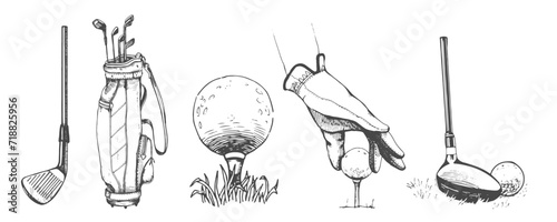 Bag with golf clubs, Hand on the golf ball, Bag with golf clubs in sketch style. Black and white hand-drawn illustration.