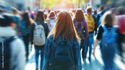 Young woman with a backpack walking alone in a busy, crowded street.