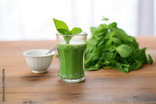 green juice in a glass pitcher on wooden table, mint leaves atop