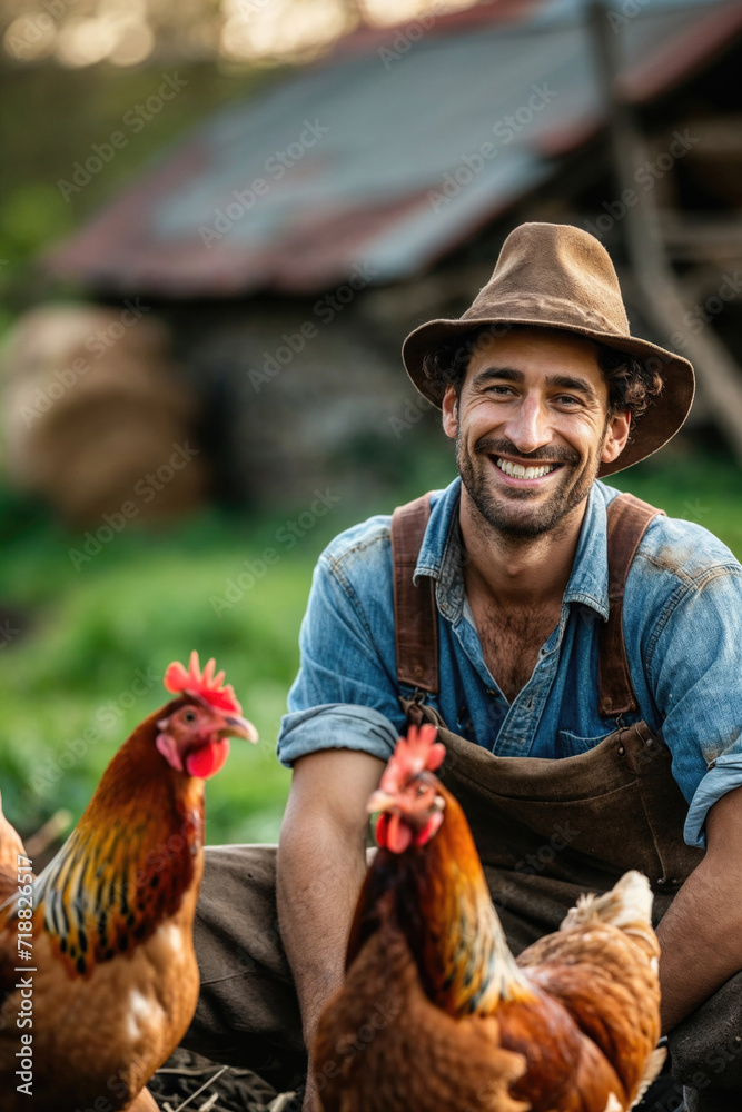 Smiling male farmer wearing a hat sitting with chickens outdoors