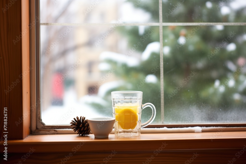 frosted window with a hot toddy on the windowsill, pine tree outside frosted window with a hot toddy on the windowsill, pine tree outside