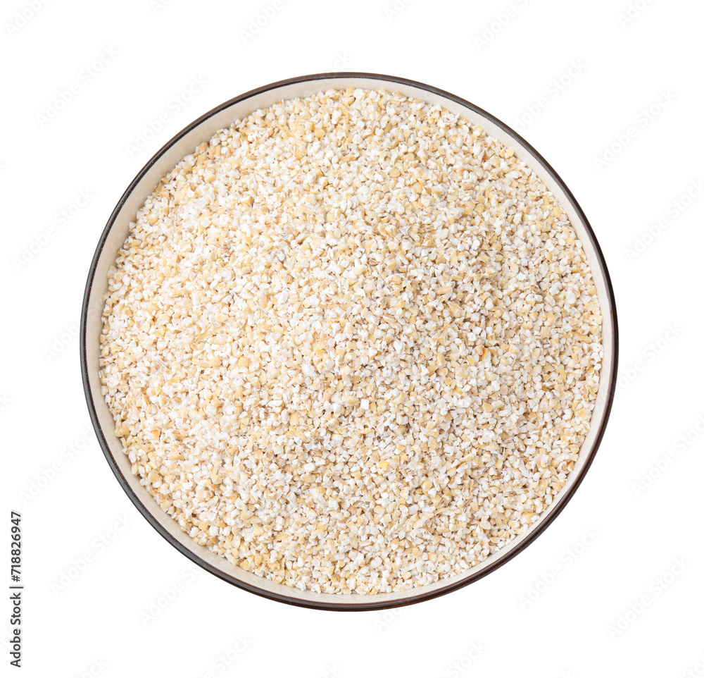 Raw barley groats in bowl isolated on white, top view Raw barley groats in bowl isolated on white, top view