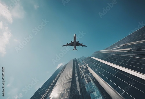Bottom view of a plane flying in the sky over skyscrapers