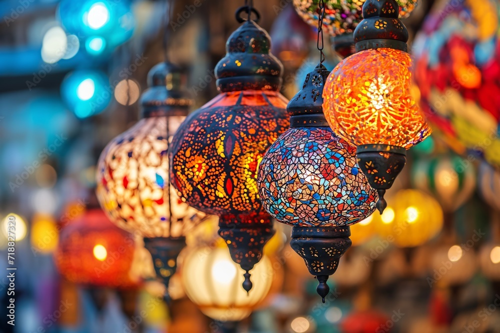 Traditional colorful handmade Turkish Arabic lamps and lanterns hanging in a store for sale