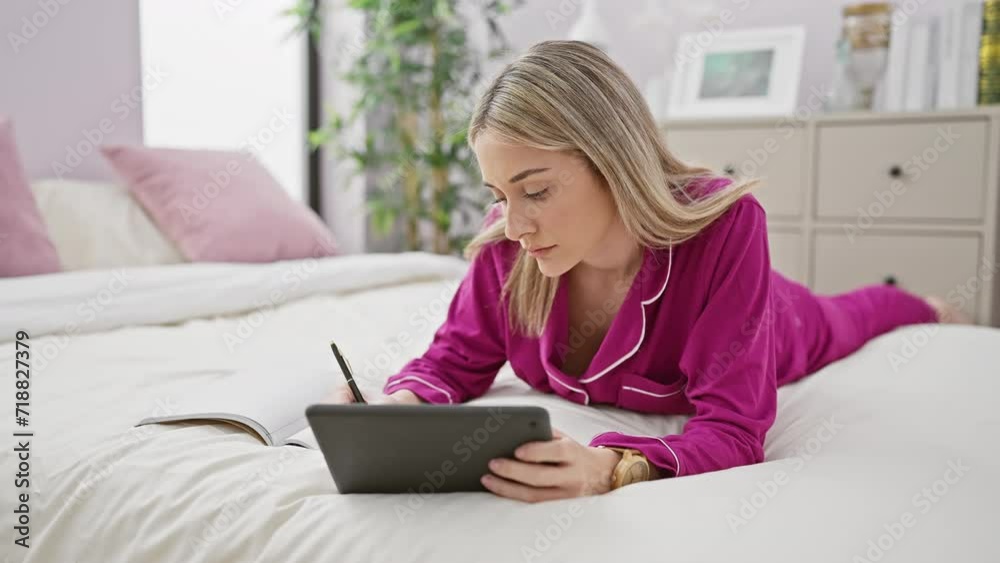 Young blonde woman in pink pajamas writing and using tablet in a cozy white bedroom Young blonde woman in pink pajamas writing and using tablet in a cozy white bedroom