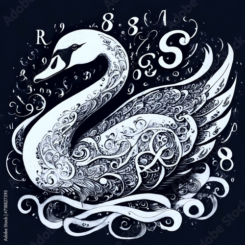 black and white swan created from interlacing letters.