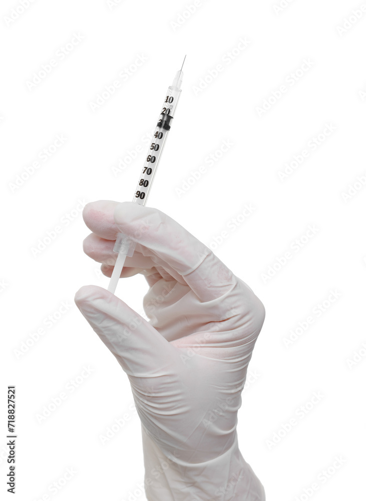 Doctor holding medical syringe on white background, closeup Doctor holding medical syringe on white background, closeup