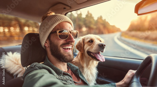 man and dog enjoying a car ride photo