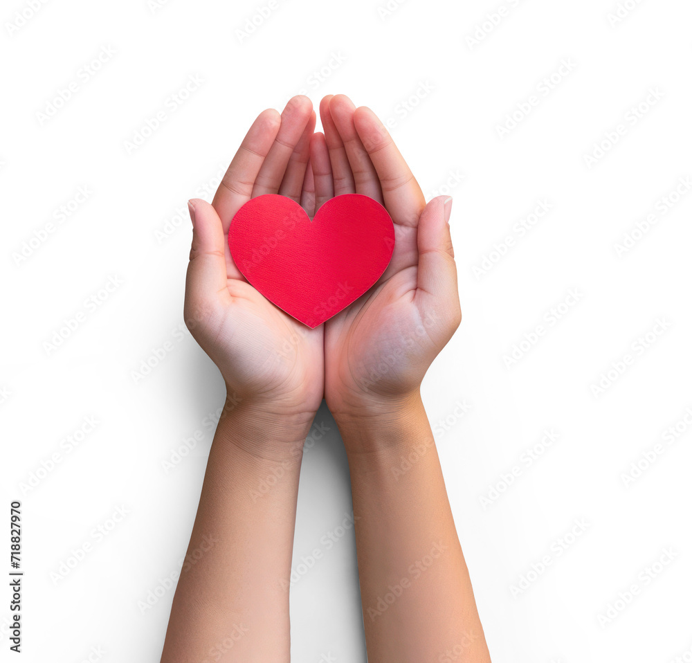 hand holding red heart love top view on isolate transparency background, PNG