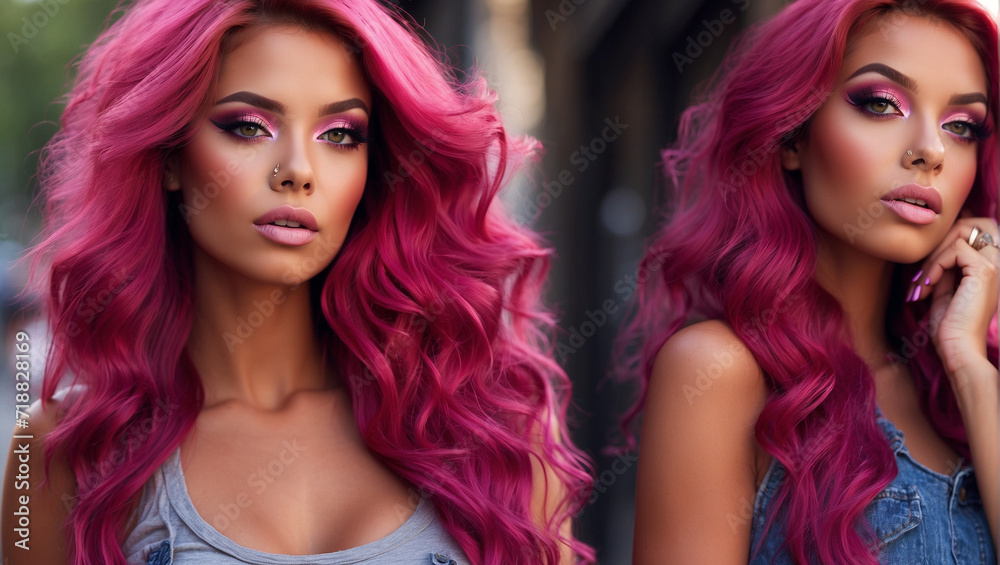  Photo of european woman, photorealistic, high quality, beautiful face, magenta hair,long straight hair, heavy make up, tanned skin Generated AI