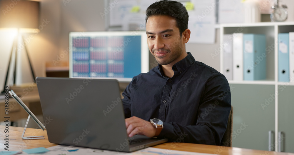 Happy man in office, typing on laptop and planning online research for creative project at professional digital agency. Internet, website and networking, businessman with smile and computer for email Happy man in office, typing on laptop and planning online research for creative project at professional digital agency. Internet, website and networking, businessman with smile and computer for email