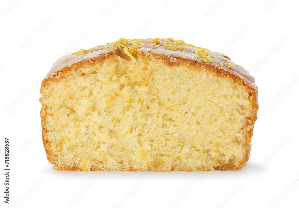 Tasty cut lemon cake with glaze isolated on white Tasty cut lemon cake with glaze isolated on white